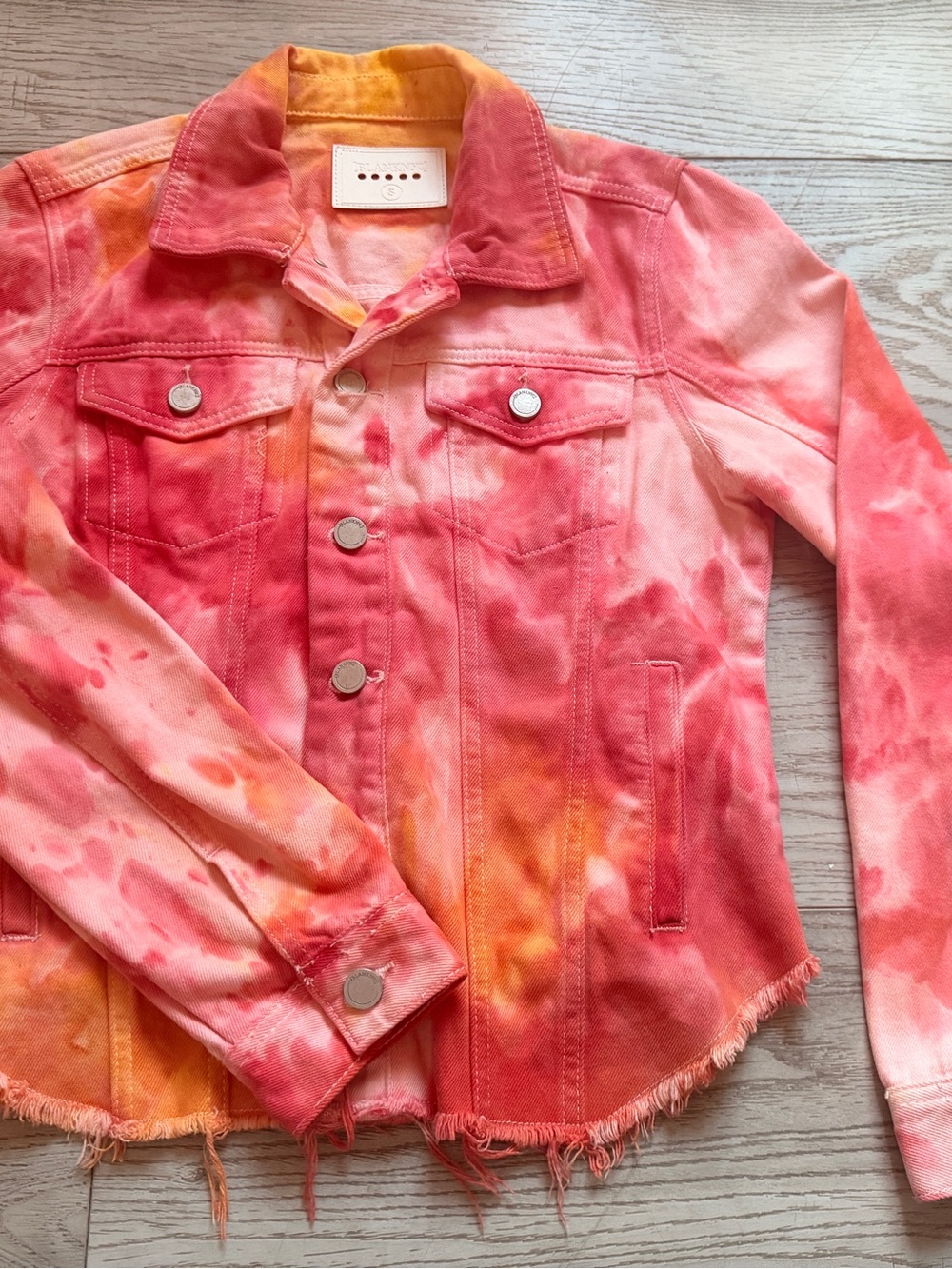BLANKNYC Tie Dye Denim Jacket Womens S Pink Orange Frayed Fringe Y2K Boho